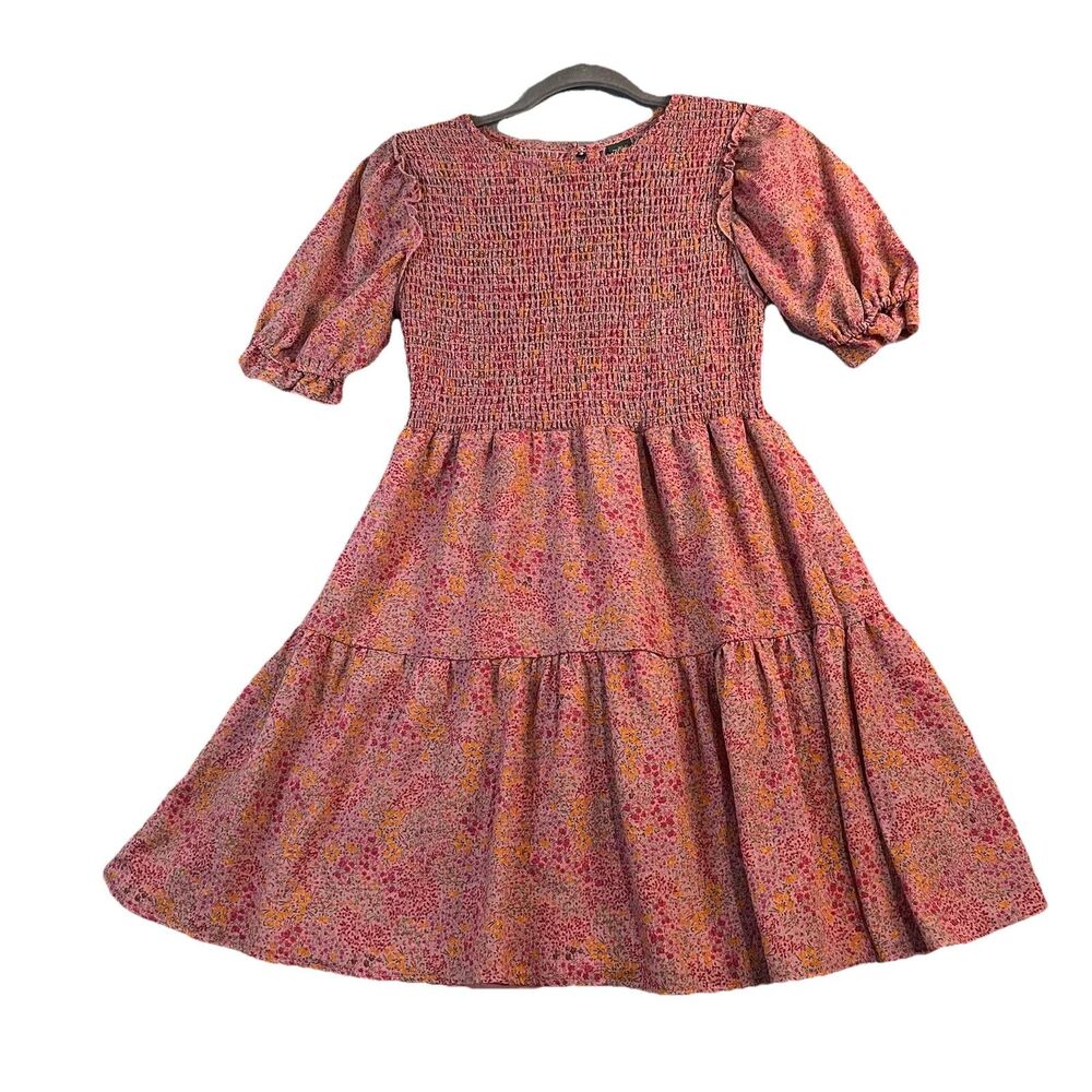 Wild Fable Pink Smocked Floral Short Puff Sleeve Cottage Dress Womens Size XS